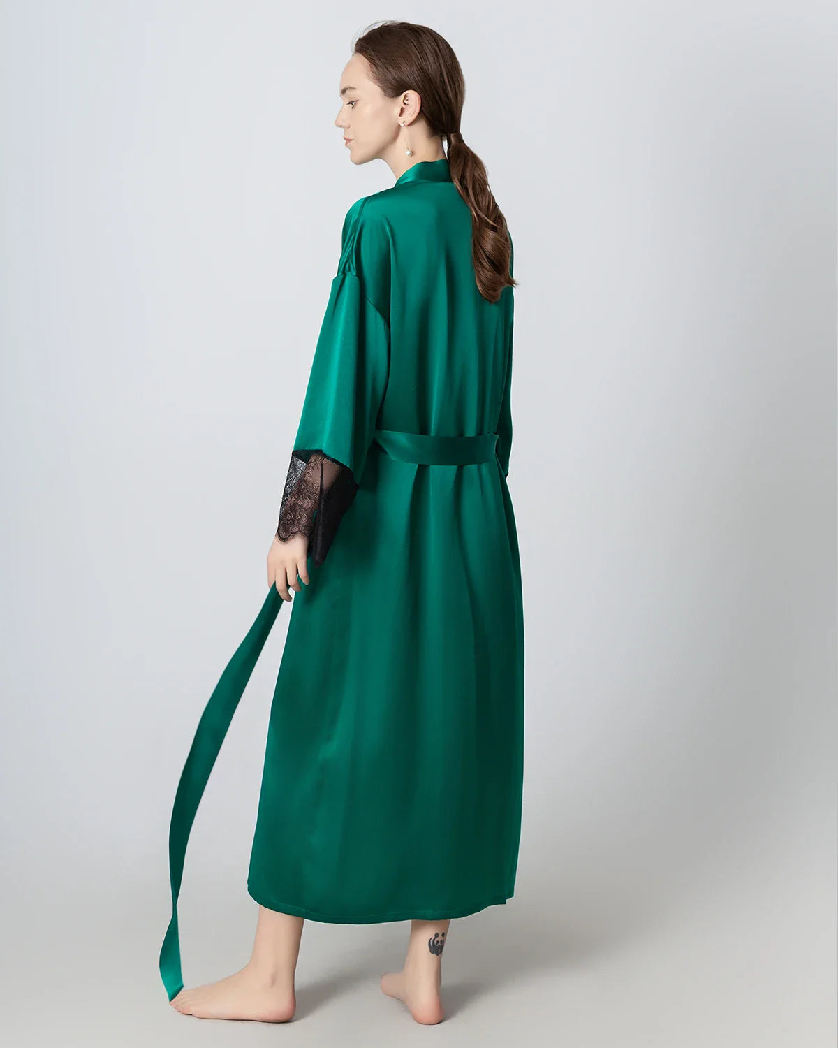 Full Length Lace Silk Robe for Women, Dark Green