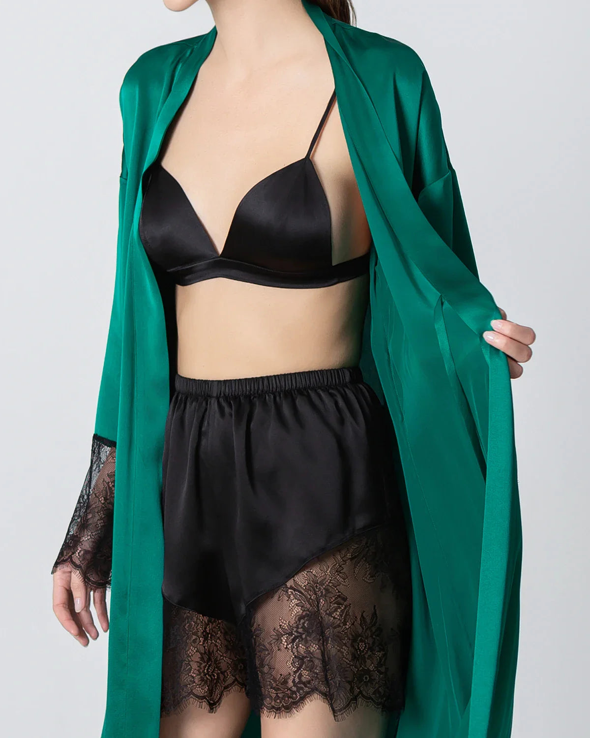 Full Length Lace Silk Robe for Women, Dark Green