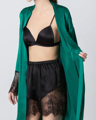 Full Length Lace Silk Robe for Women, Dark Green