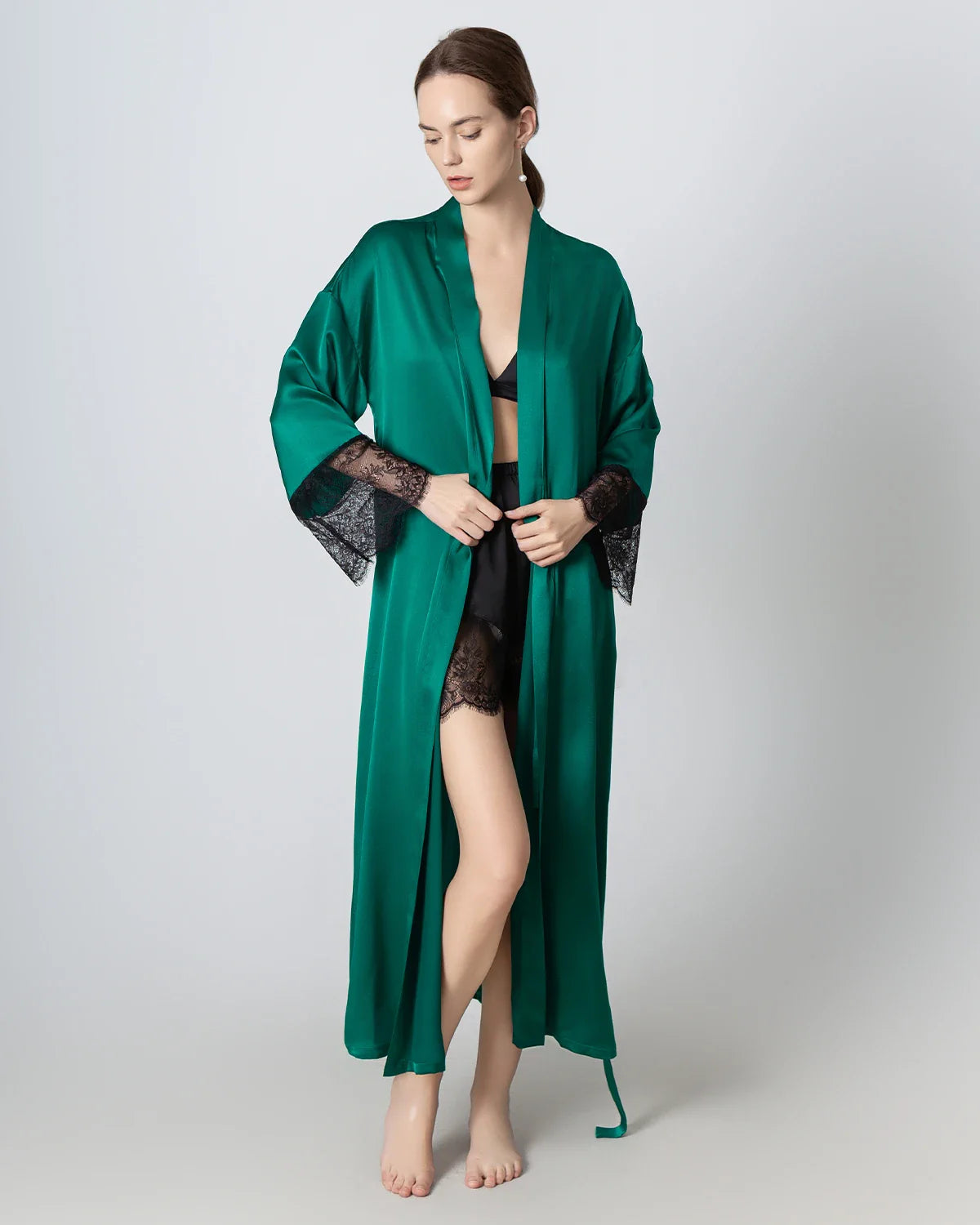 Full Length Lace Silk Robe for Women, Dark Green