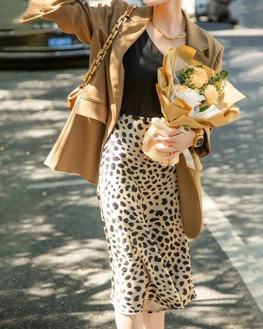 Leopard Print 100% Silk Midi Skirts