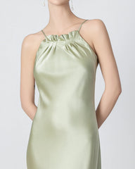 Halter Neck Maxi Silk Dress, Avocado Green