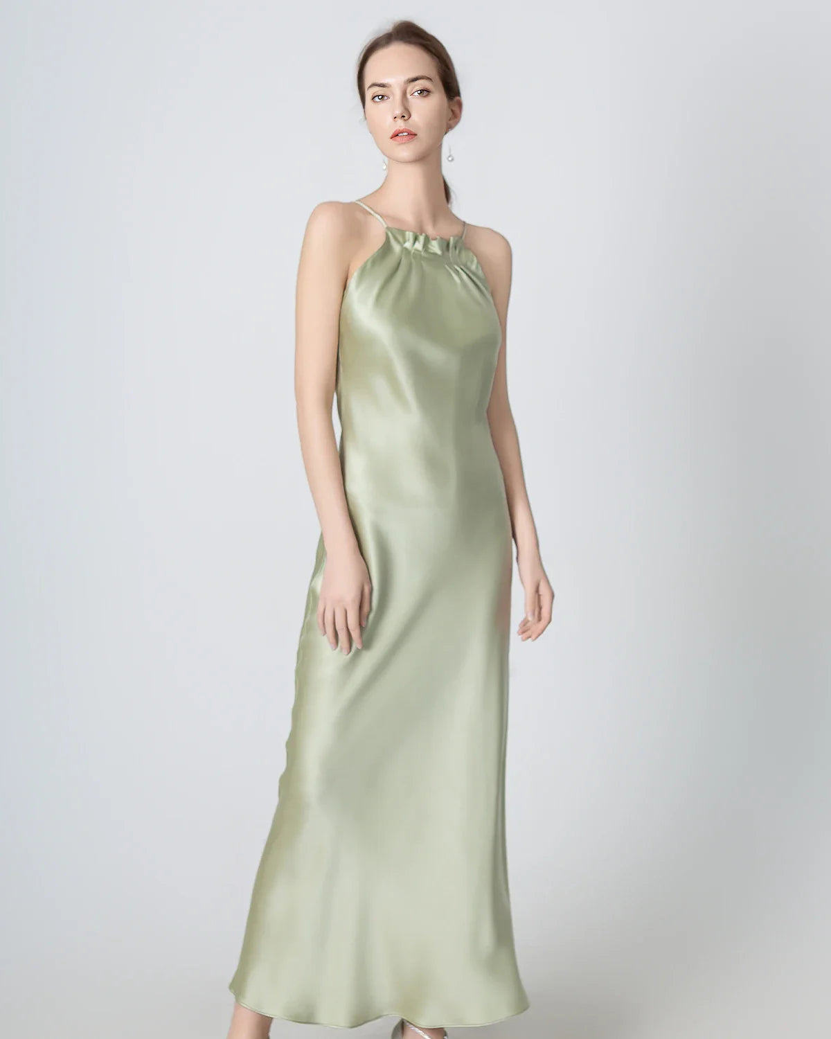Halter Neck Maxi Silk Dress, Avocado Green