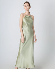 Halter Neck Maxi Silk Dress, Avocado Green
