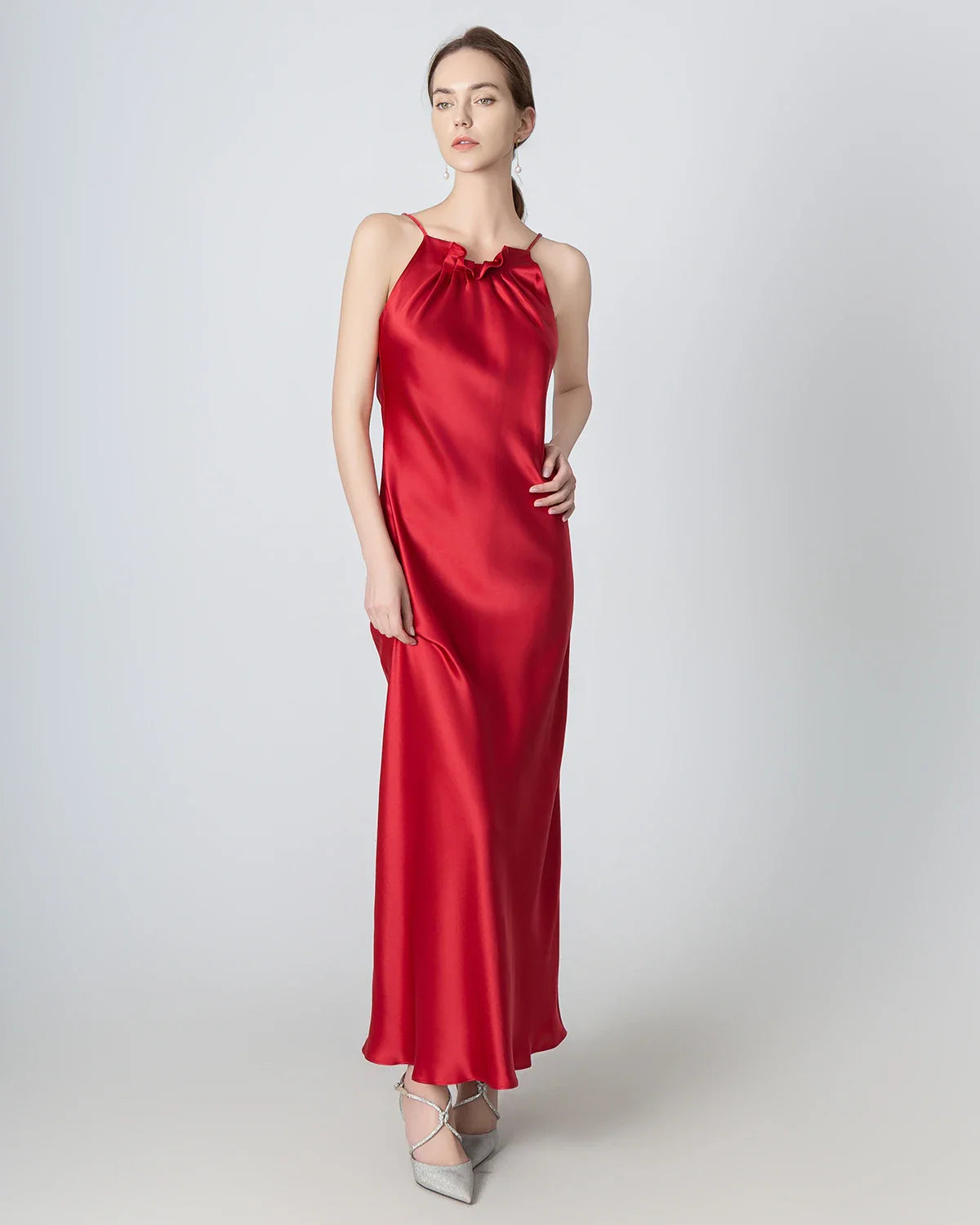 Halter Neck Maxi Silk Dress, Red