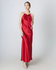 Halter Neck Maxi Silk Dress, Red