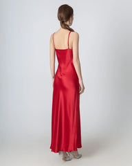 Halter Neck Maxi Silk Dress, Red