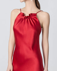 Halter Neck Maxi Silk Dress, Red