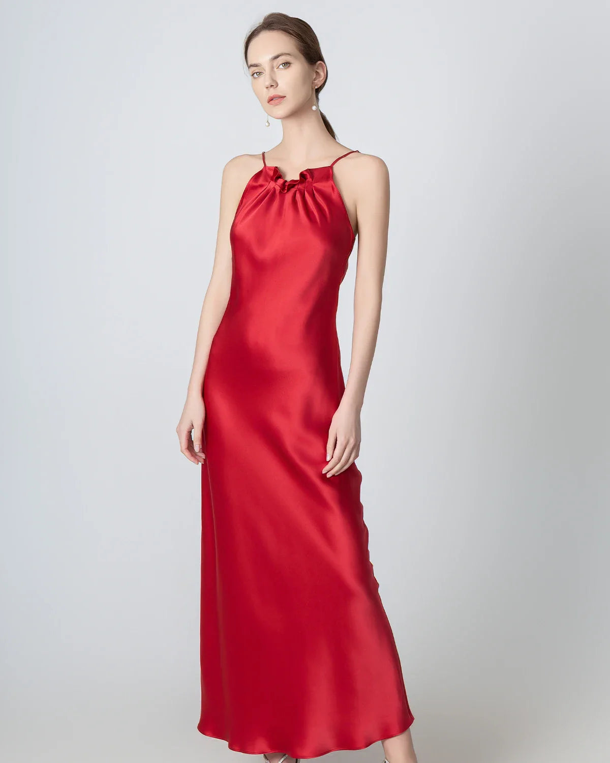 Halter Neck Maxi Silk Dress, Red