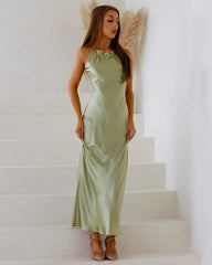 Halter Neck Maxi Silk Dress, Avocado Green