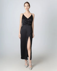 High Slit Cowl V-neck Maxi Silk Dress, Black