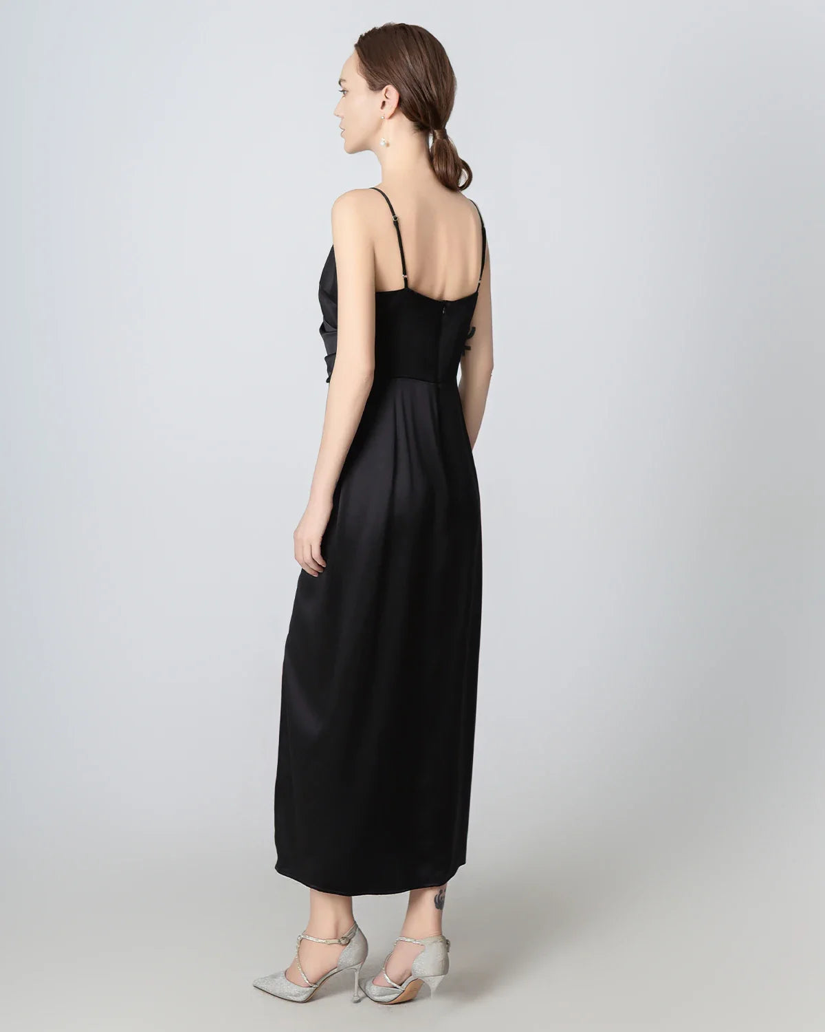 High Slit Cowl V-neck Maxi Silk Dress, Black