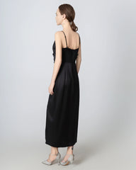High Slit Cowl V-neck Maxi Silk Dress, Black