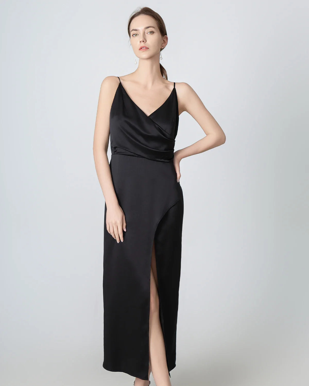 High Slit Cowl V-neck Maxi Silk Dress, Black