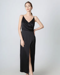 High Slit Cowl V-neck Maxi Silk Dress, Black