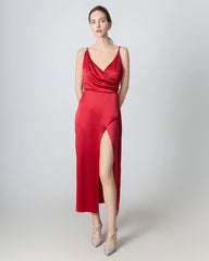 High Slit Cowl V-neck Maxi Silk Dress, Red