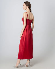 High Slit Cowl V-neck Maxi Silk Dress, Red