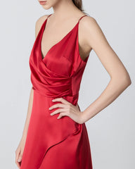 High Slit Cowl V-neck Maxi Silk Dress, Red