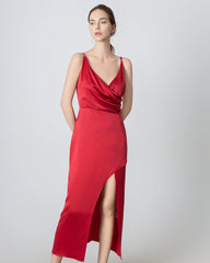 High Slit Cowl V-neck Maxi Silk Dress, Red
