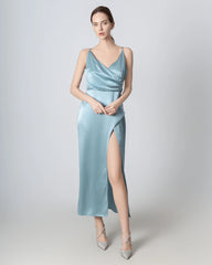 High Slit Cowl V-neck Maxi Silk Dress, Haze Blue