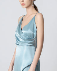 High Slit Cowl V-neck Maxi Silk Dress, Haze Blue