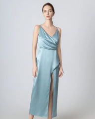 High Slit Cowl V-neck Maxi Silk Dress, Haze Blue