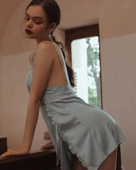 High Slit Lace Silk Nightdress, Haze Blue