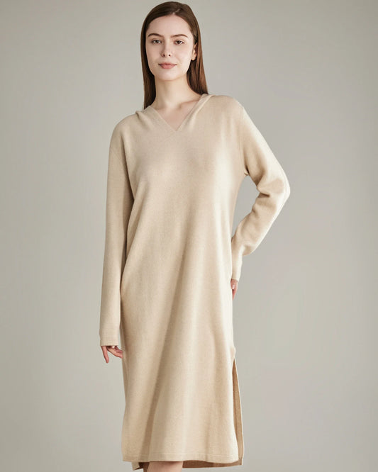 Hooded Knit Cashmere Dress, Beige