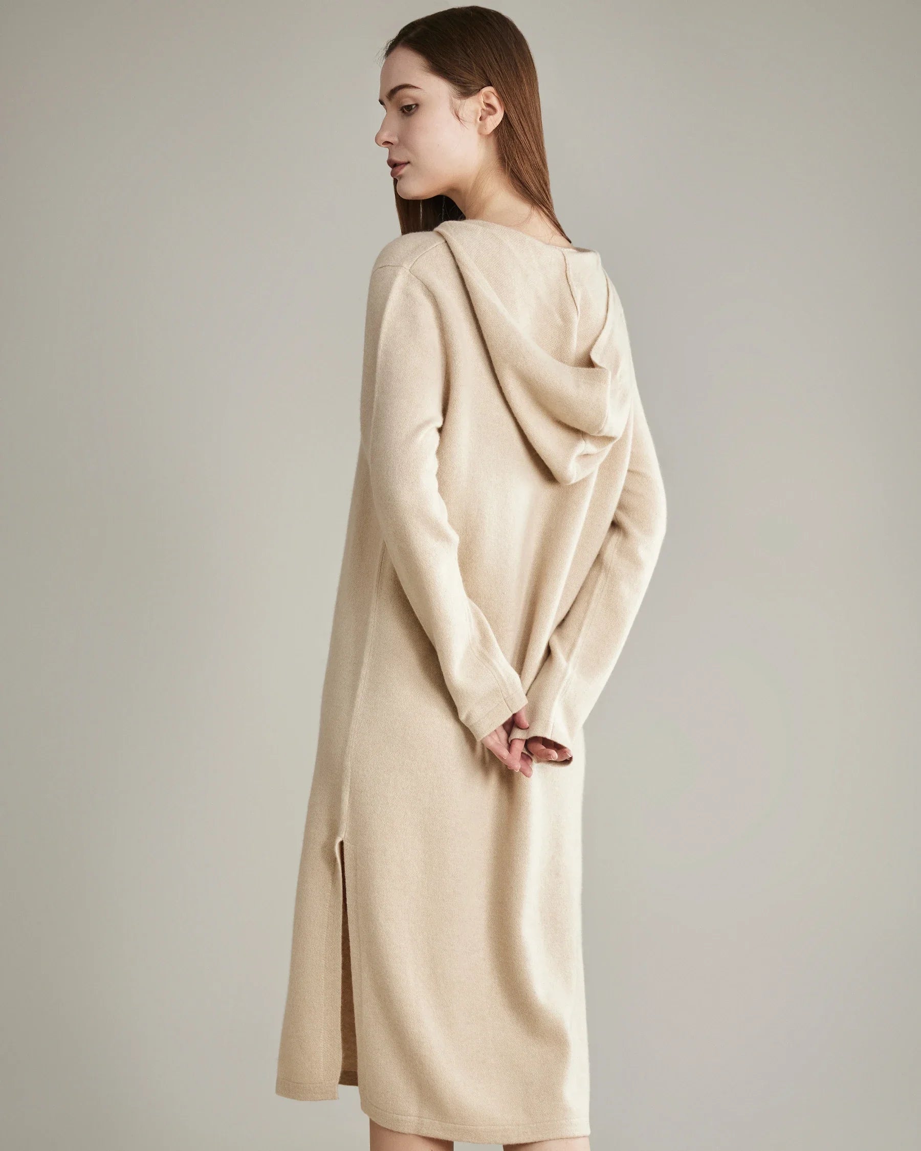 Hooded Knit Cashmere Dress, Beige