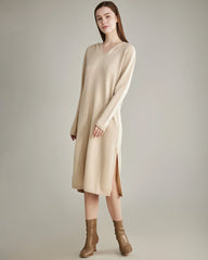 Hooded Knit Cashmere Dress, Beige