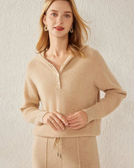 V-Neck Hooded Cashmere Sweater, Camel