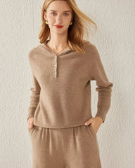 V-Neck Hooded Cashmere Sweater, Dark Camel