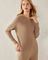 V-Neck Hooded Cashmere Sweater, Dark Camel