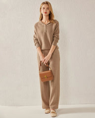 V-Neck Hooded Cashmere Sweater, Dark Camel