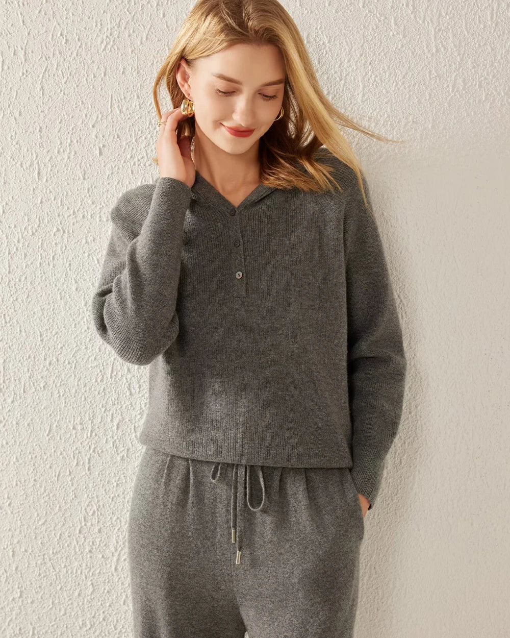 V-Neck Hooded Cashmere Sweater, Grey