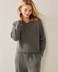 V-Neck Hooded Cashmere Sweater, Grey