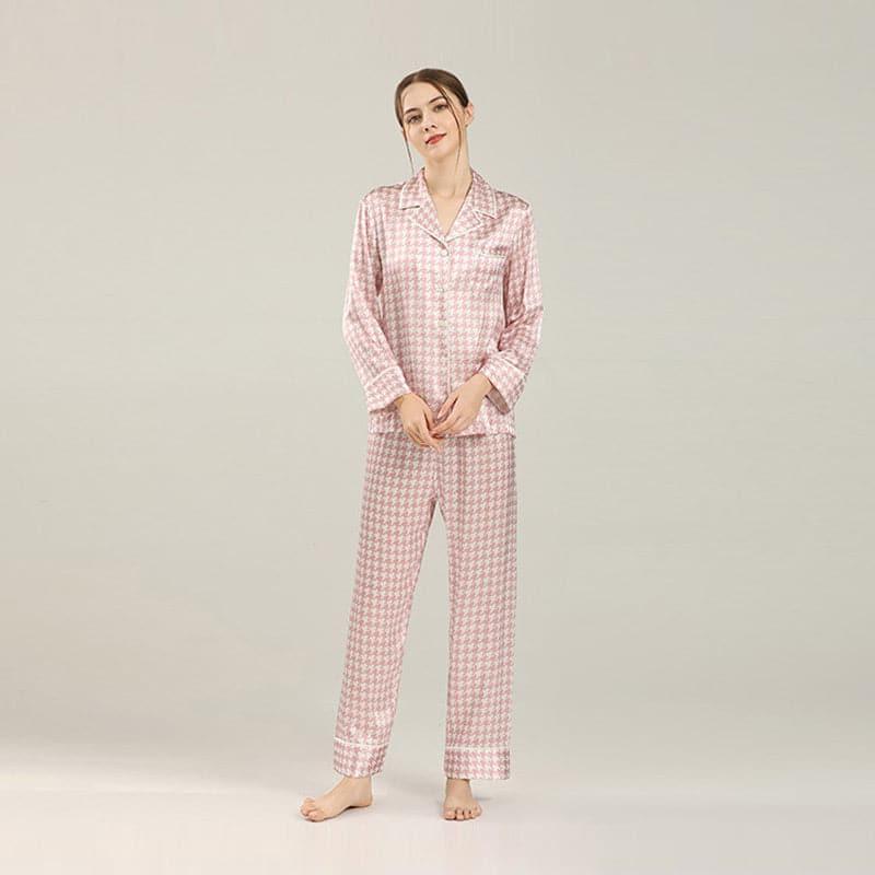 Houndstooth Print Silk Pajama Set, Pink and White