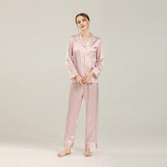 Houndstooth Print Silk Pajama Set, Pink and White