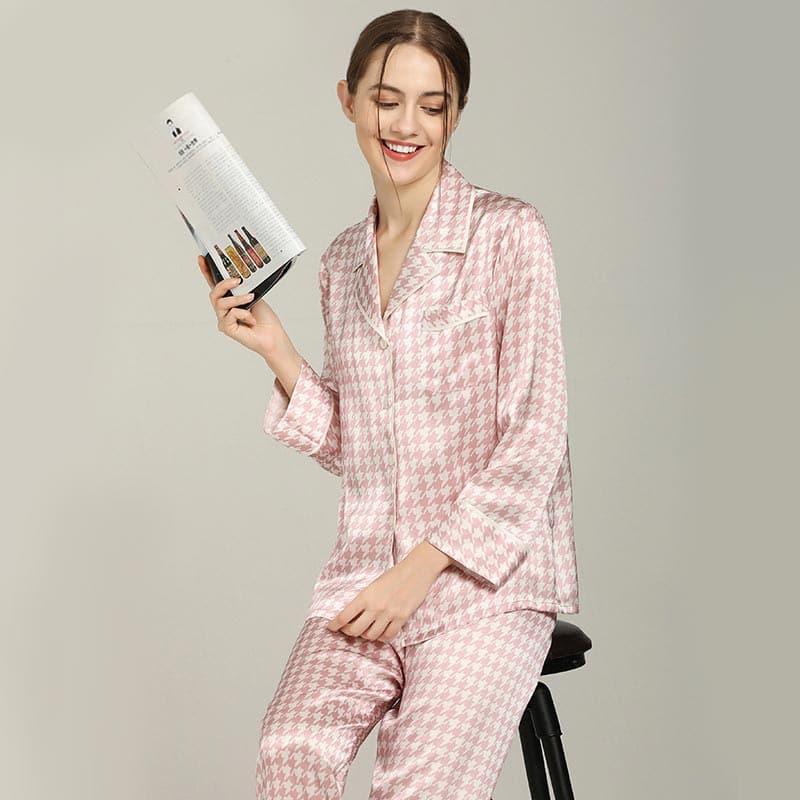 Houndstooth Print Silk Pajama Set, Pink and White