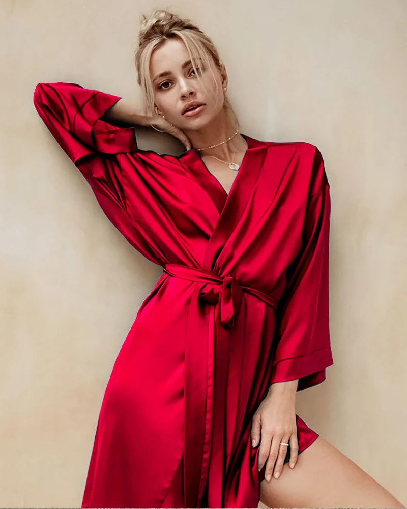 Knee-Length Silk Robe, Red
