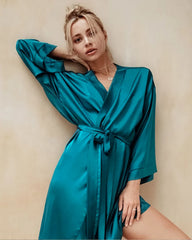 Knee-Length Silk Robe, Peacock Blue