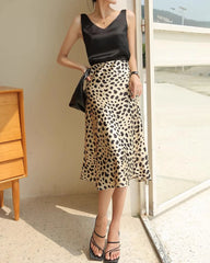 Leopard Print Silk Midi Skirts, Gold