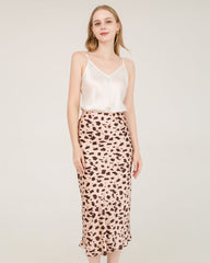 Leopard Print 100% Silk Midi Skirts, Rose Pink