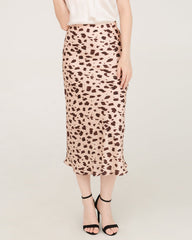 Leopard Print 100% Silk Midi Skirts, Rose Pink