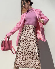 Leopard Print 100% Silk Midi Skirts, Rose Pink