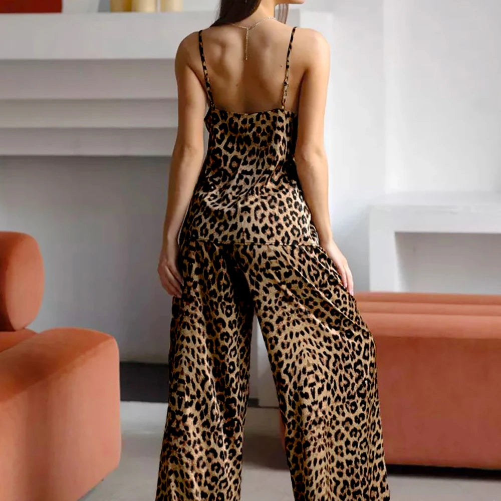Leopard Print Silk Pajama Set, Animal Print
