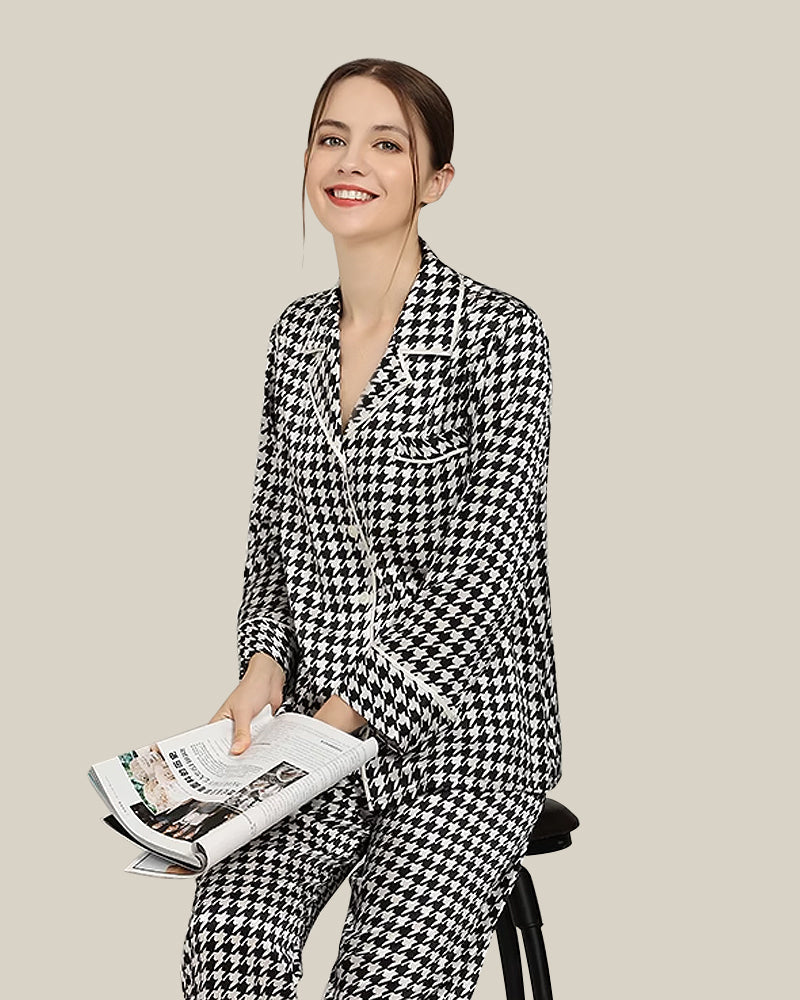 Houndstooth Print Silk Pajama Set, Black and White