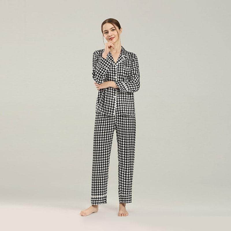 Houndstooth Print Silk Pajama Set, Black and White