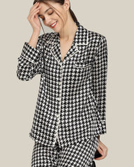 Houndstooth Print Silk Pajama Set, Black and White