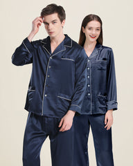 Long Silk Pajamas Home Wear For Couple, Navy